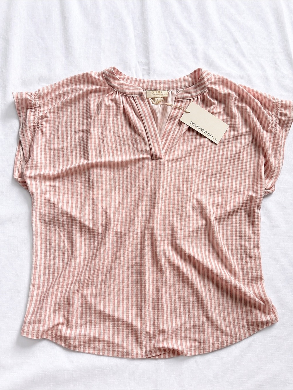 NWT SHOL Los Angeles Pink White Striped Flutter Sleeve Blouse Shirt Size L